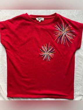Haptics Women’s Red Cap Sleeve Top with Colorful Sequin Fireworks